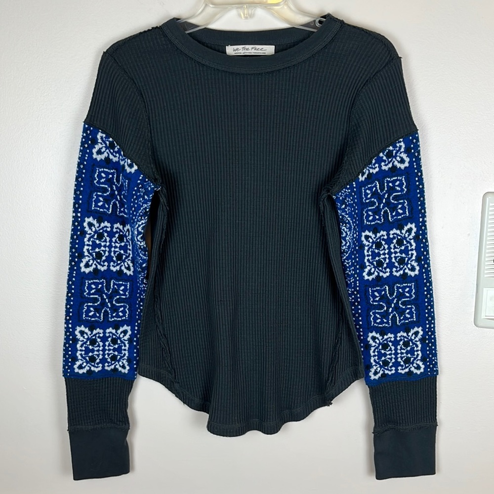 We the Free/Free People Knit Sleeve Waffle Thermal Top, Gray & Blue, Size M